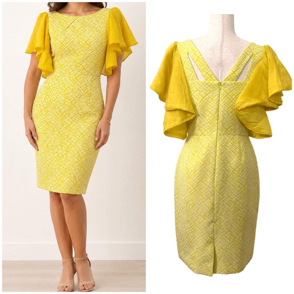 Tahari Arthur S Levine Yellow Sheath Dress Flutter Sleeve Geometric Print Size 6